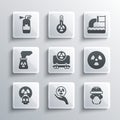 Set Radioactive, Nuclear reactor worker, cargo train, power plant, Fire extinguisher and Wastewater icon. Vector