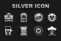 Set Radioactive waste in barrel, Nuclear explosion, Electric car charging station, Molecule, cargo train and Dosimeter