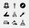 Set Rafting boat, Flashlight, Compass, Wooden axe and wood, Tourist tent, Swiss army knife and Campfire icon. Vector Royalty Free Stock Photo