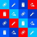 Set Rafting boat, Flashlight, Open matchbox and matches and Wooden axe wood icon. Vector Royalty Free Stock Photo
