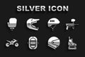 Set Rafting boat, Paintball gun, Skates, Helmet, Motorcycle, Bicycle helmet, Boxing glove and Motocross motorcycle icon