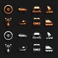 Set Rafting boat, Yacht sailboat, Cruise ship, Train and railway, Scooter, Taxi car, Steering wheel and Car icon. Vector Royalty Free Stock Photo