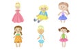 Set of rag dolls in dresses. Vector illustration. Royalty Free Stock Photo