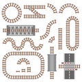 Set of railway parts, rail or railroad top view. Different train constructions elements. Train transportation track made Royalty Free Stock Photo