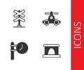 Set Railway tunnel, Railroad crossing, Train station clock and Handcar transportation icon. Vector Royalty Free Stock Photo