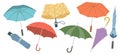 Set of rain umbrellas, open and closed umbrellas. Collection of seasonal accessories. Illustration in flat style.