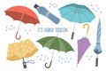 Set of rain umbrellas, open and closed umbrellas. Collection of seasonal accessories. Illustration in flat style