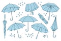 Set of rain umbrellas, open and closed umbrellas. Collection of seasonal accessories. Sketch, linear icons with color.