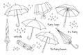 Set of rain umbrellas, open and closed umbrellas. Collection of seasonal accessories. Sketch, linear icons for coloring.