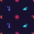 Set Rainbow with cloud, Meteorology thermometer, UV protection and Kelvin on seamless pattern. Vector Royalty Free Stock Photo