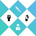 Set Raised hand with clenched fist, Police officer, Military knife and Cocktail molotov icon. Vector