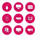 Set RAM, random access memory, Computer monitor screen, Web camera, Case of computer, mouse, SSD card and icon. Vector Royalty Free Stock Photo