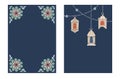Set of Ramadan Kareem greeting cards, invitations. Hand drawn hanging lanterns and light garlands. Traditional geometric