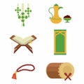 Set of Ramadan Kareem. Quran book, prayer beads, ketupat, holiday food, drum or bedug. Flat arabic ornament, ramadan islamic.