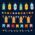 Set of Ramadan Kareem strings and garlands with lights, colocrful Moroccan lanterns, bunting flags, moon and stars Royalty Free Stock Photo