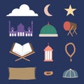 Set of ramadhan stuff such as drum, mosque dome, prayer beads, dates, cap, veil, prayer mat, mukena, Al-Qur`an, lantern isolated