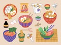 Set of ramen in bowls, chopsticks and souses. Different noodle packages and soup recipes