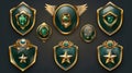 Set of rank buttons isolated on a black background. Modern illustration of hexagonal green shield badges encircled by Royalty Free Stock Photo