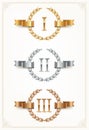 Set of rank emblems - gold, silver, bronze. First place, second place and third place signs with roman numerals. Royalty Free Stock Photo