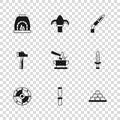 Set Rasp metal file, Medieval sword, Gold bars, Anvil and hammer, Welding torch, Blacksmith oven, Classic iron fence and