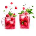 Set of raspberry cocktails with ice and mint leaves isolated on a transparent background. Refreshing red fruit drinks Royalty Free Stock Photo