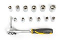 Set of ratchet sockets on white background with ratchet wrench Royalty Free Stock Photo