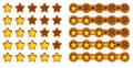 Set rating stars. Feedback bar. Wooden board, brown timber, customers opinion icon, quality button. Website ui, game
