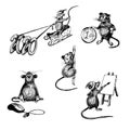 Set of Rats Characters with Long Tail Riding Sledge and Climbing up the Rope Vector Illustration