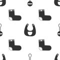 Set Rattle baby toy, Baby bib and Baby socks clothes on seamless pattern. Vector Royalty Free Stock Photo