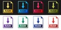 Set RAW file document icon. Download RAW button icon isolated on black and white background. Vector Royalty Free Stock Photo