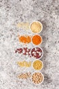 Set of raw legumes, beans, chickpeas, lentils and cereals, rice and bulgur on a gray background. Healthy food, Protein source for