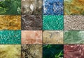 Set from raw minerals and ores with names. Selective focus