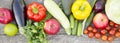 Set of raw organic fruits and vegetables on rustic wooden background. Close-up. Top view. From above, flat lay, overhead Royalty Free Stock Photo