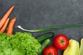 Set of Raw organic vegetables with fresh ingredients for healthily cooking on black  background, top view, banner. Royalty Free Stock Photo