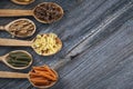 A set of raw pastas on spoons on a wooden table Royalty Free Stock Photo