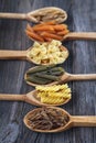 A set of raw pastas on spoons on a wooden table Royalty Free Stock Photo