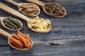 A set of raw pastas on spoons on a wooden table Royalty Free Stock Photo