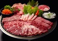 Set of raw shabu shabu meat plate with vegetables on black.Macro.AI Generative Royalty Free Stock Photo