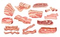 Set of Raw or Smoked Bacon Strips, , Thin Fatty Slices of Pork Rashers, Meat Delicious Food Isolated on White Background Royalty Free Stock Photo