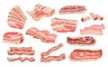 Set of Raw or Smoked Bacon Strips, , Thin Fatty Slices of Pork Rashers, Meat Delicious Food Isolated on White Background