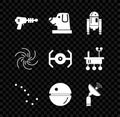 Set Ray gun, Dog in astronaut helmet, Robot, Great Bear constellation, Death star, Radar, Black hole and Cosmic ship Royalty Free Stock Photo