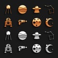 Set Ray gun, Great Bear constellation, Moon and stars, Planet Mars, Robot, UFO flying spaceship, Satellite and icon