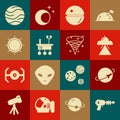 Set Ray gun, Planet, UFO flying spaceship, Death star, Mars rover, Sun, and Black hole icon. Vector Royalty Free Stock Photo