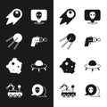 Set Ray gun, Satellite, Comet falling down fast, Alien, Asteroid, UFO flying spaceship, and Mars rover icon. Vector