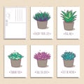 Set of ready-to-use gift postcards with succulents. Vector printable collection of invitation, poster