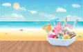 Set of real chocolate lemon mango strawberry and mint ice cream on a dish with sea beach background