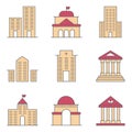 set real estate building line business icon pack with apartment, office, bank, hospital, hotel, and government vector flat design Royalty Free Stock Photo