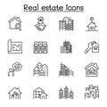 Set of Real estate related vector line icons. contains such Icons as, condominium, apartment, blueprint, home, architecture,