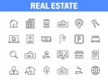 Set of 24 Real Estate web icons in line style. Rent, building, agent, house, auction, realtor. Vector illustration Royalty Free Stock Photo