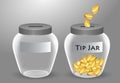 set of realisitic transparent money jar for tips or money box glass transparent for donations. eps vector..